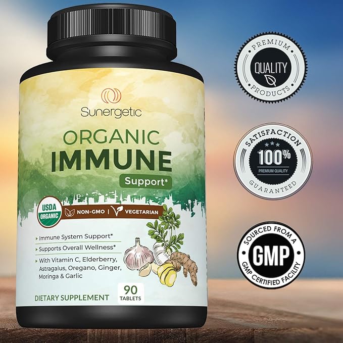 USDA Organic Immune Support Supplement – Organic Immune Health Supplement with Vitamin C, Elderberry, Astragalus, Oregano, Ginger, Moringa & Garlic – Organic Immune System Support - 90 Immune Tablets