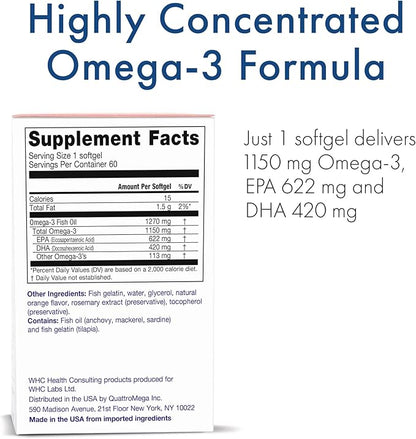 WHC, UnoCardio X2 Fish Oil, Triglyceride Omega-3 Fatty acids, 1270 mg Fish Oil Supplement (622 mg EPA / 420 mg DHA/Total 1150 mg of Omega-3 per Serving), Natural Orange, 60 softgels