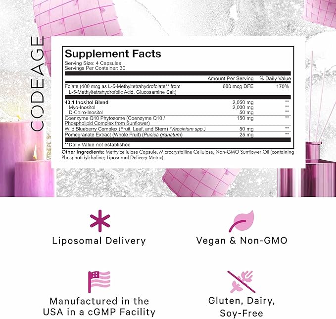 Codeage Liposomal Ovarian Inositol+ Supplement - Myo-Inositol & D-Chiro-Inositol 40:1 Blend, Folate 5-MTHF, CoQ10, Pomegranate & Wild Blueberry, Liposomal Delivery, Non-GMO, Gluten-Free - 120 Capsules