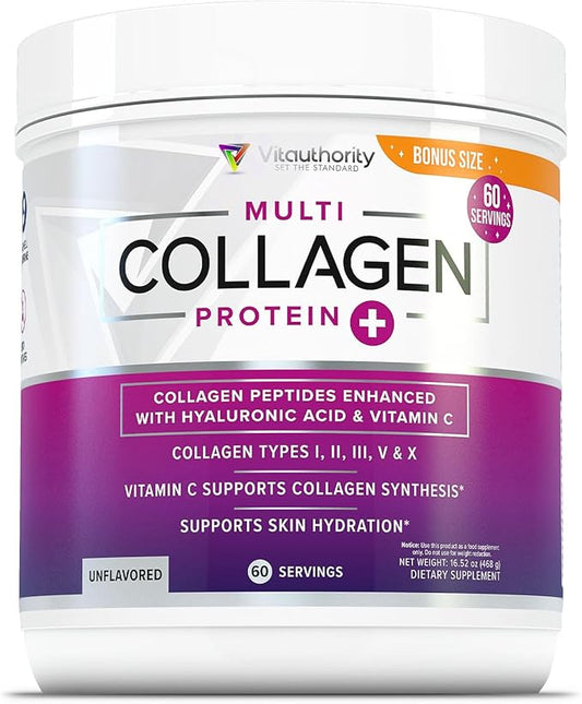 Multi Collagen Peptides Powder for Women - Hydrolyzed Unflavored Collagen Powder for Women with Types I II III V & X Plus Vitamin C & Hyaluronic Acid for Beautiful Hair Skin and Nails - 60 Servings