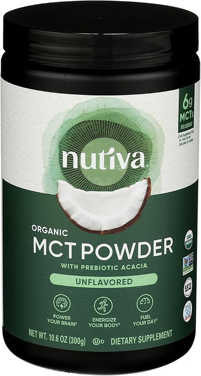 Nutiva Organic MCT Powder with Prebiotic Acacia Fiber, Classic, 10.6 Oz, USDA Organic, Non-GMO, Non-BPA, Vegan, Gluten-Free, Keto & Paleo, Instant Beverage or Boost to Coffee & Smoothies