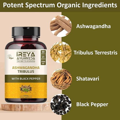 Ashwagandha Capsules Organic 1000mg (90 Capsules) Made with Tribulus Terrestris, Shatavari and Black Pepper Organic Ingredients | 45 Days Supply