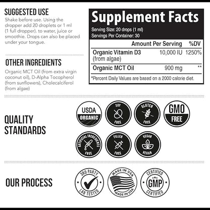 Organic Vitamin D3 10,000 IU - Plant D3, Vegan, Max Strength Sublingual Liquid D3 Drops - 200% Higher Absorption, 100% Plant-Based Cholecalciferol Form & Vegan D3, Adjustable Dosing (30 Servings)