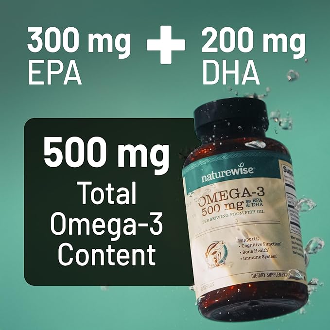 NatureWise Omega 3 Fish Oil - 500 mg per Pill - EPA & DHA - Support for Immune Health & Cognitive Function - Wild-Caught, Gluten and Soy Free, Non-GMO - 180 Softgels[6-Month Supply]