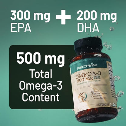 NatureWise Omega 3 Fish Oil - 500 mg per Pill - EPA & DHA - Support for Immune Health & Cognitive Function - Wild-Caught, Gluten and Soy Free, Non-GMO - 180 Softgels[6-Month Supply]