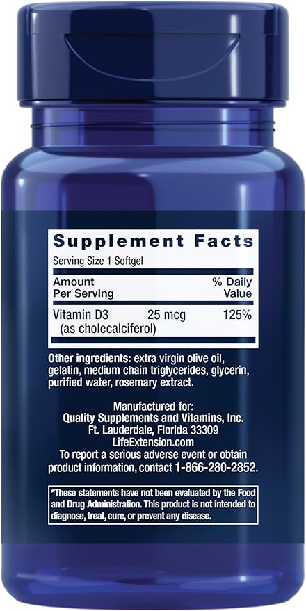 Life Extension Vitamin D3 25 mcg (1000 IU), Immune System Support, Bone Health, Whole-Body Health, Value Size, Gluten-Free, Non-GMO, 90 softgels