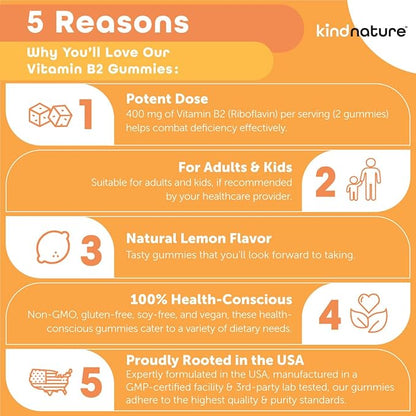 Kind Nature Vitamin B2 Gummies - Riboflavin 400mg Supplement for Kids & Adults - Non-GMO, Soy & Gluten-Free, Vegan Chewable Gummies (30 Day Supply)