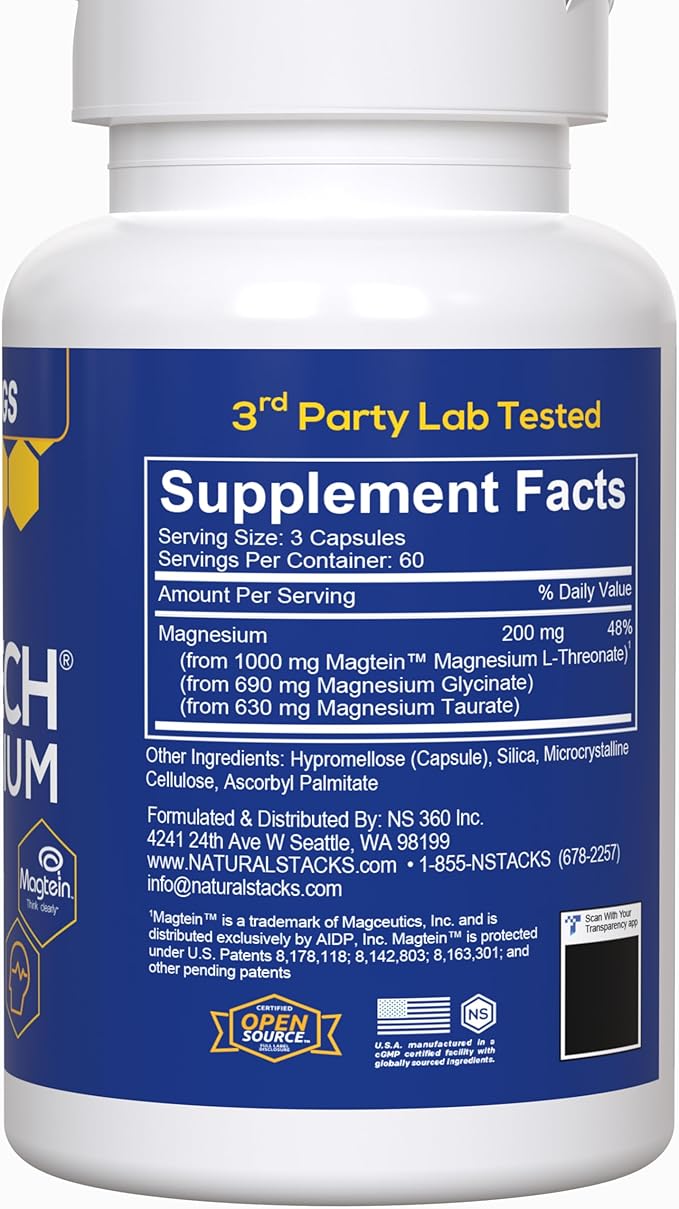 MagTech Magnesium Supplement - 3 Forms of Magnesium: Magtein L-Threonate, Glycinate & Taurate - 200mg Chelated Magnesium Complex - Supports Relaxation & Brain Health - 180 Capsules