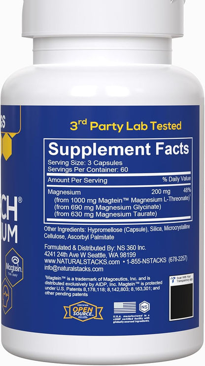 MagTech Magnesium Supplement - 3 Forms of Magnesium: Magtein L-Threonate, Glycinate & Taurate - 200mg Chelated Magnesium Complex - Supports Relaxation & Brain Health - 180 Capsules