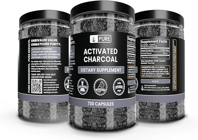 PURE ORIGINAL INGREDIENTS Activated Charcoal (730 Capsules) No Magnesium or Rice Fillers, Always Pure, Lab Verified