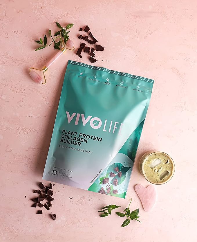 Vivo life - Plant Protein Collagen Builder with Vitamin C, Amino Acids and Hyaluronic Acid, Support Healthy Hair, Skin & Nails, Vegan (Chocolate Mint)