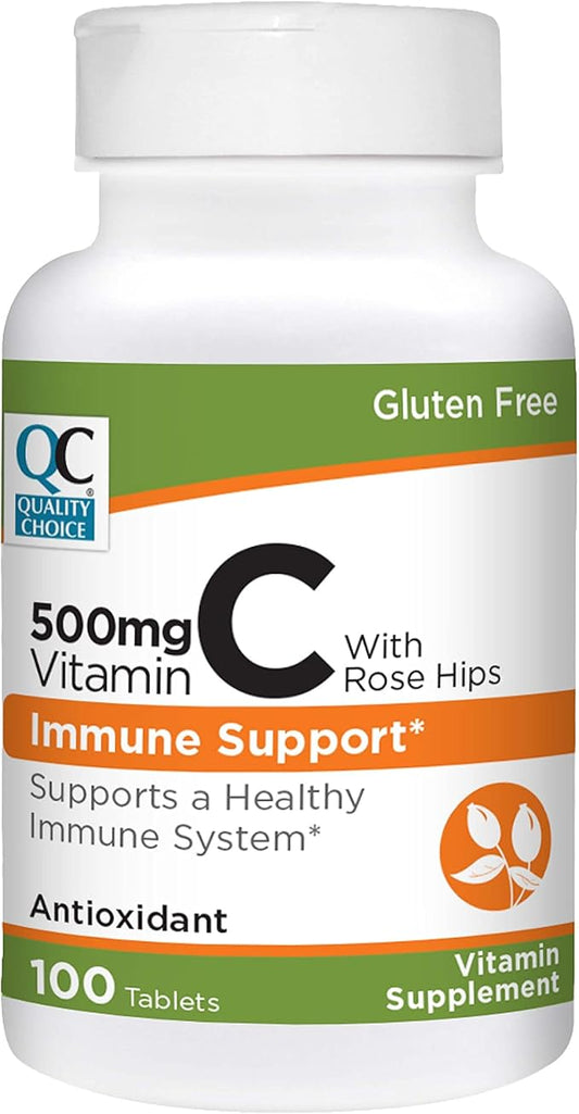Quality Choice 500 mg Vitamin C with Rose Hip Supplement Immune System Health Tablets 100 Count Bottles
