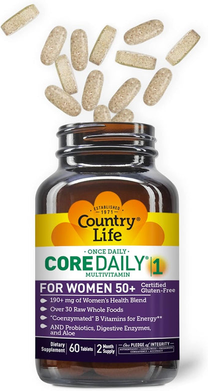 Country Life CORE Daily-1 for Women 50+ Multivitamin - Formulated for Women Over 50, Complete Daily Nutrition with Women's Health Blend, Coenzymated B Vitamins, Probiotics, and Digestive Enzymes