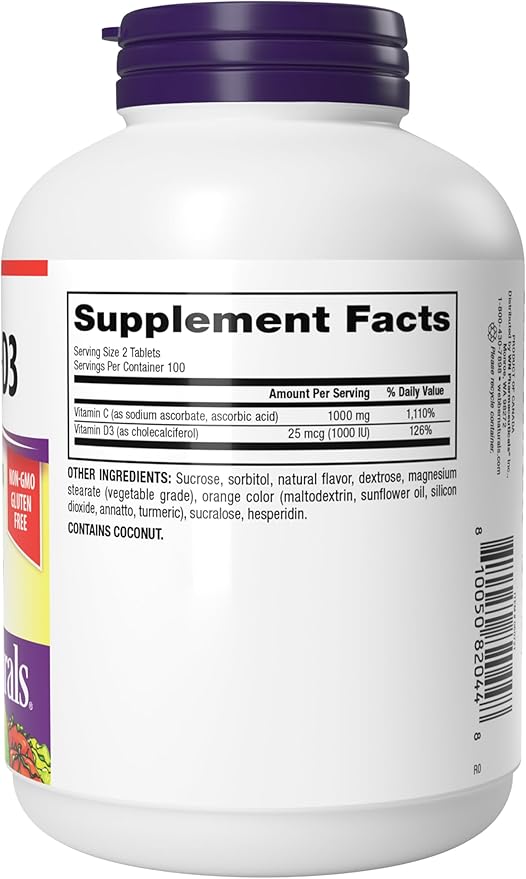 Webber Naturals Vitamin C+D3, 200 Chewable Orange Tablets, 1000 mg of Vitamin C with 1000 IU of Vitamin D3 Per Serving, Bones, Teeth, Immune and Antioxidant Support, Non GMO, Dairy & Gluten Free