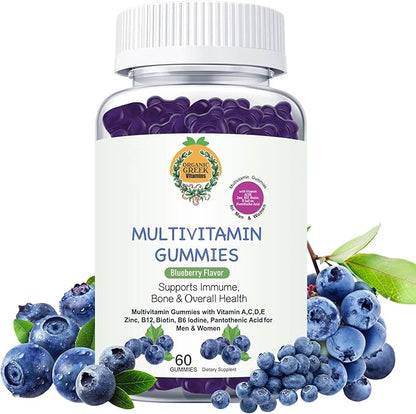 Organic Greek® Multivitamin Gummies with Vitamin A, C, D, E, Zinc, B12, Biotin, B6, Iodine, Pantothenic Acid for Men & Women with 13 Vitamins and Minerals Blueberry Flavor