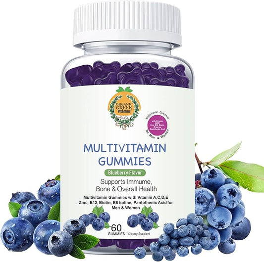 Organic Greek® Multivitamin Gummies with Vitamin A, C, D, E, Zinc, B12, Biotin, B6, Iodine, Pantothenic Acid for Men & Women with 13 Vitamins and Minerals Blueberry Flavor