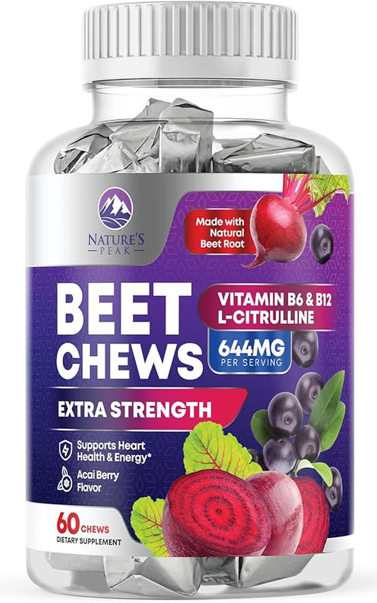 Beets Chews - Beet Root Gummies for Nitric Oxide Support, Superfood Beets Powder Soft Heart Chews, Grape Seed Extract & Non-GMO Beetroot Energy Supplement Supports Heart Health & Energy, 60 Soft Chews