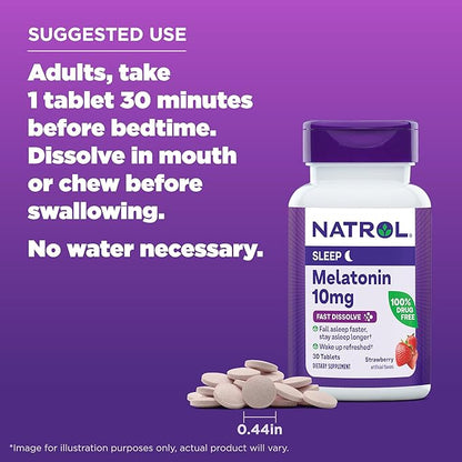 Natrol Sleep Melatonin 10mg Fast Dissolve Tablets, Nighttime Sleep Aid for Adults, 30 Strawberry-Flavored Melatonin Tablets, 30 Day Supply (Pack of 4)