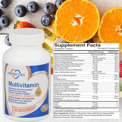Multivitamin - Heart and Immunity Supplements for Men & Women, Multivitamin for Men & Women, with Minerals B-Vitamin Complex, Vitamins A, C, E, K and 2000 IU Vitamin D3, 120-Count Bottle