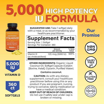 Viva Naturals Vitamin D3 5000 IU Softgels - 360 Count 125 mcg Softgel, Essential D3 Vitamin, Supports Bone Health, Immune Support, Premium Vitamin D, High Potency Vitamin D 5000 IU