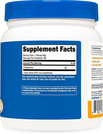 Nutricost L-Glutamine Powder Sweetened with Stevia (500 Grams, Peach Mango) - Supplement for Gut Support, 5 Grams of L-Glutamine Per Serving - Gluten Free, Non-GMO