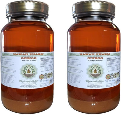Ginkgo Alcohol-Free Liquid Extract, Organic Ginkgo (Ginkgo Biloba) Dried Leaf Glycerite Hawaii Pharm Natural Herbal Supplement 2x32 oz Unfiltered
