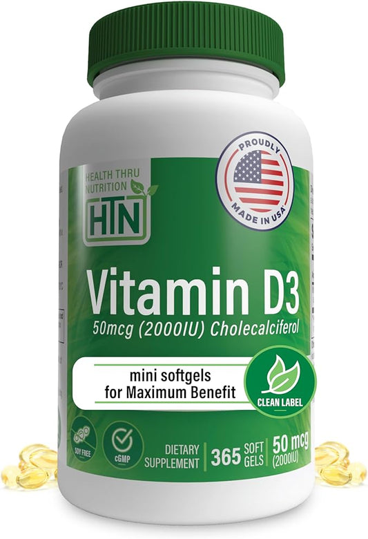 Vitamin D3 2000iu 365 Mini Softgels for Maximum Benefits | Year Supply | 50mcg Cholecalciferol | 3rd Party Tested | Non-GMO USP Grade in EVOO | Immune Health Support | Health Thru Nutrition
