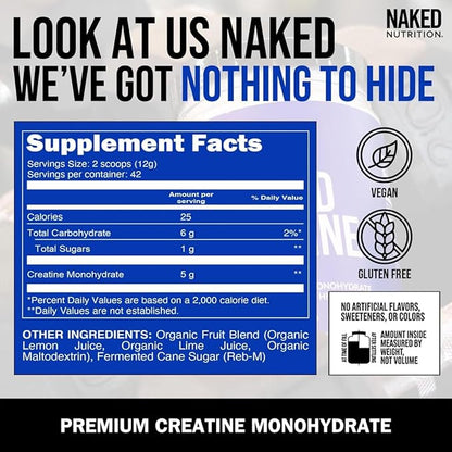 NAKED Pure Micronized Lemon Lime Creatine Monohydrate - 42 Servings - 500 Grams, 1.1Lb Bulk, Vegan, Non-GMO, Gluten Free, Soy Free. Aid Strength Gains, No Additives