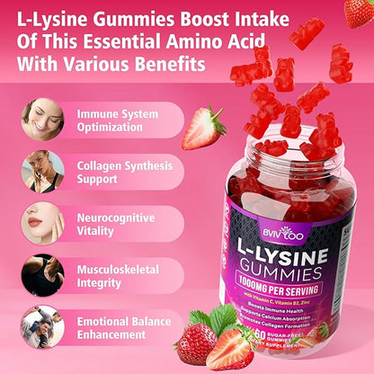 2 Pack L-Lysine 1000mg Gummies for Immune Support & Skin Health - High Potency Vegan Gummies, Sugar-Free, Natural Berry Flavor, Gluten-Free Chewable Supplement for Adults & Kids - 120 Gummiess