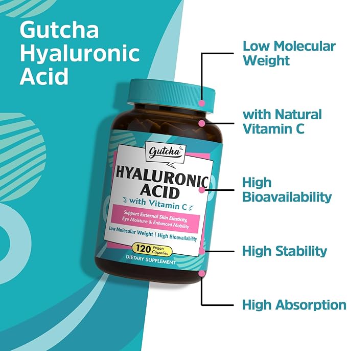 Gutcha Hyaluronic Acid, Ultra Strength with Vitamin C, Low Molecular Weight, High Stability & Bioavailability, Anti-Aging Formula for Skin & Eyes, Vegan, Once Daily, Non-GMO, 120 Caps