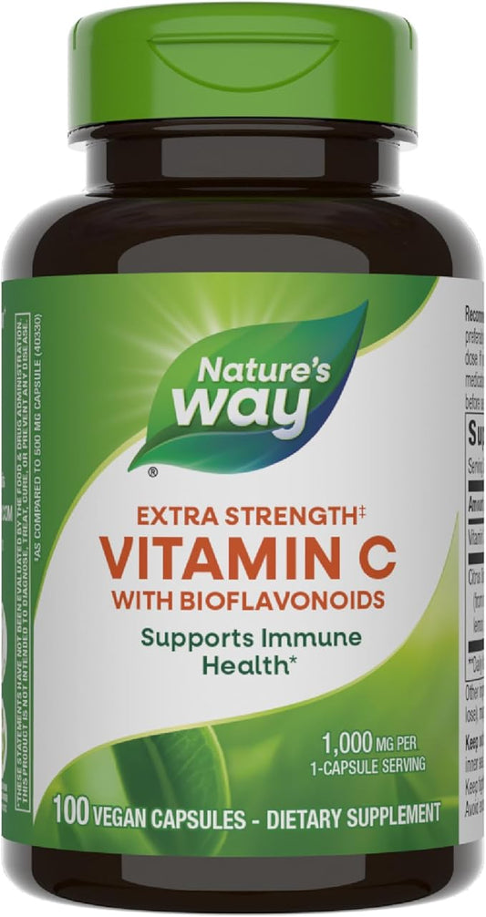 Nature’s Way Extra Strength Vitamin C with Bioflavonoids, Supports Immune Health*, Promotes Collagen Production for Healthy Skin*, 1g Vitamin C per Capsule, 100 Vegan Capsules (Packaging May Vary)