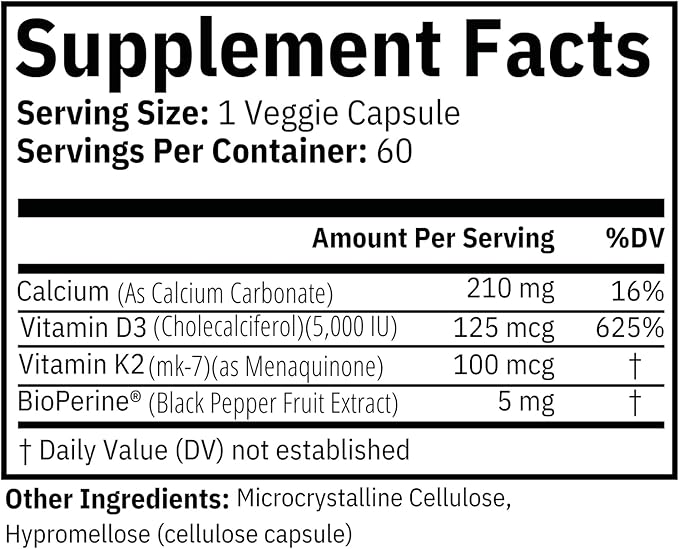 Vitamin D3 K2 5000 IU with BioPerine - Includes Vitamin K2 MK7 and Calcium - Maximum Absorption Technology - 60 Day Supply - Made in USA