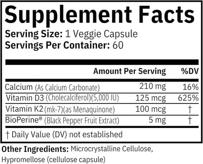Vitamin D3 K2 5000 IU with BioPerine - Includes Vitamin K2 MK7 and Calcium - Maximum Absorption Technology - 60 Day Supply - Made in USA