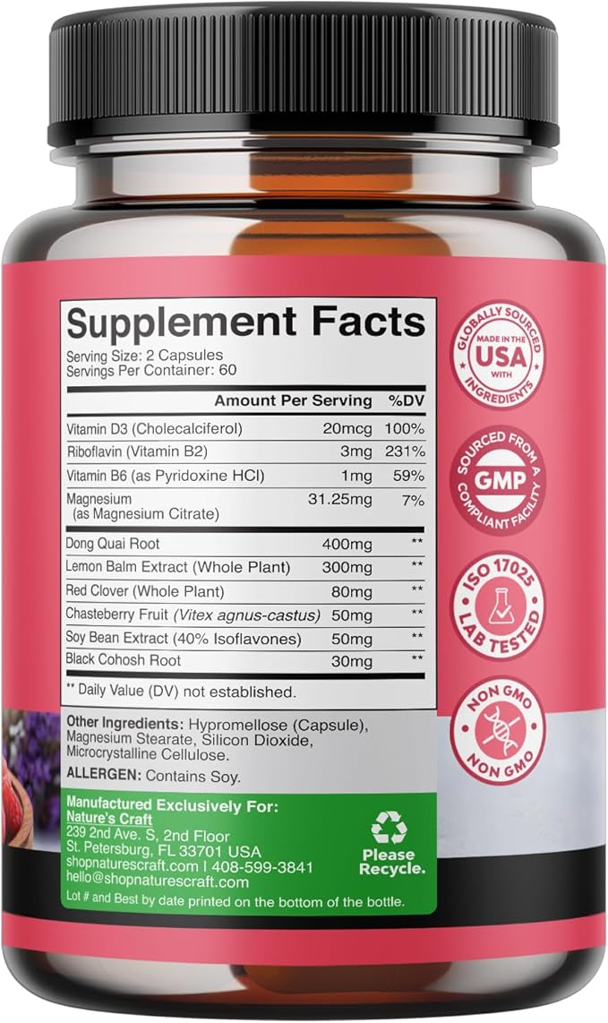 Complete Herbal Menopause Supplement for Women - Female Hormone Balance Capsules for Night Sweats, Hot Flashes & Mood Swings with Dong Quai, Chaste Berry & Black Cohosh Root - 120 Count Pack