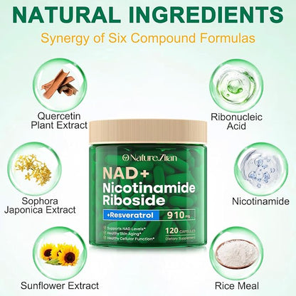 NAD Supplement 120 Capsules, Liposomal Nicotinamide Riboside, Resveratrol, Quercetin, NAD Nicotinamide Riboside Resveratrol 910mg for Women & Men, NAD Supplement for Anti Aging and Cell Regeneration