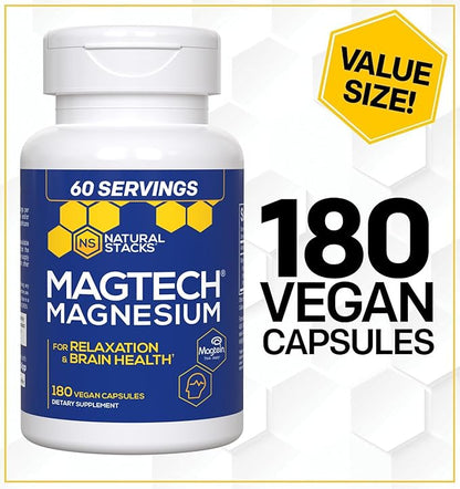 MagTech Magnesium Supplement - 3 Forms of Magnesium: Magtein L-Threonate, Glycinate & Taurate - 200mg Chelated Magnesium Complex - Supports Relaxation & Brain Health - 180 Capsules