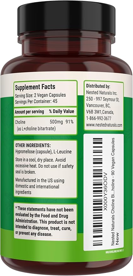 Nested Naturals Choline Bitartrate 500mg - High Potency Choline Supplements - Supports Cognitive Performance & Liver Function - 100% Vegan & Non-GMO Choline - 90 Vegan Capsules