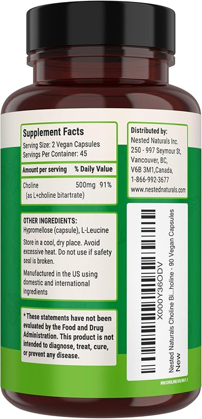 Nested Naturals Choline Bitartrate 500mg - High Potency Choline Supplements - Supports Cognitive Performance & Liver Function - 100% Vegan & Non-GMO Choline - 90 Vegan Capsules