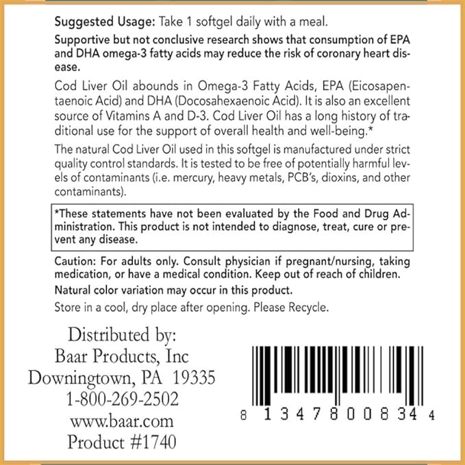 Baar Nature's Blessing Cod Liver Fish Oil Softgels