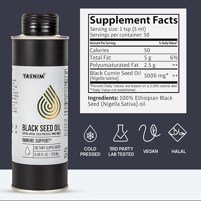 100% Ethiopian BlackSeed Oil 8.45 Oz - Cold Pressed Black Seed Oil for Immune Support, High Potency 5.7% - 21% Thymoquinone Skin, Hair & Overll Health - Unrefined Black Cumin Seed Oil - Gluten Free