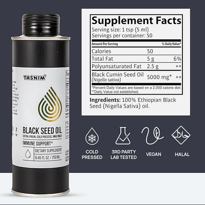 100% Ethiopian BlackSeed Oil 8.45 Oz - Cold Pressed Black Seed Oil for Immune Support, High Potency 5.7% - 21% Thymoquinone Skin, Hair & Overll Health - Unrefined Black Cumin Seed Oil - Gluten Free