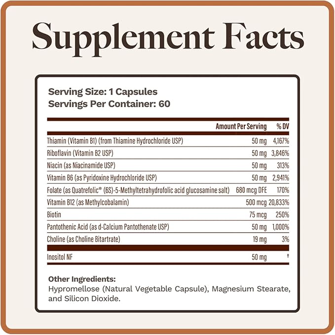 Vitamin B Complex | Contains All 8 Essential B Vitamins | with Choline and Inositol | 60 Capsules