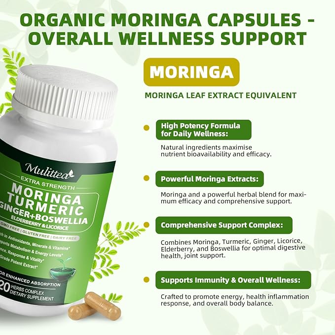 Moringa Capsules Organic 1000mg, 7-in-1 Superfood with Turmeric, Ginger, Elderberry, Licorice & Boswellia - Support Immune, Skin, Gut & Antioxidant-Non-GMO, GMP, 120 Vegan Capsules, 2 Months Supply