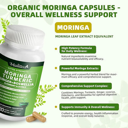 Moringa Capsules Organic 1000mg, 7-in-1 Superfood with Turmeric, Ginger, Elderberry, Licorice & Boswellia - Support Immune, Skin, Gut & Antioxidant-Non-GMO, GMP, 120 Vegan Capsules, 2 Months Supply
