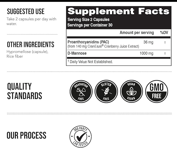 CranEaze®: Cranberry Juice Extract Plus D-Mannose – 36 mg PAC, 100% Soluble PAC - Supports Urinary Tract Health – Most Effective Cranberry Pills for Women, UTI Cranberry Supplement - 60 Capsules