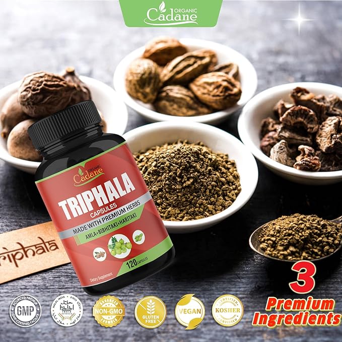 Organic Cadane Triphala (3 Fruit Powders) Supplement, 120 Veggie Capsules | Improves Digestion Function, Supports Immune System