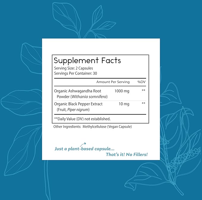 Thomas' all-natural Remedies Organic Ashwagandha Stress Support Supplement, Mood & Energy Support, Pure Ashwagandha 1000mg, Ultra Absorption with Black Pepper, Vegan, No fillers