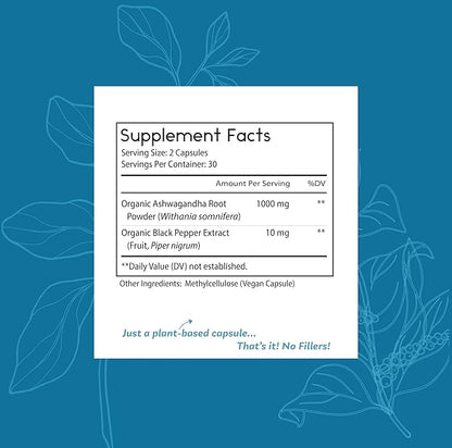 Thomas' all-natural Remedies Organic Ashwagandha Stress Support Supplement, Mood & Energy Support, Pure Ashwagandha 1000mg, Ultra Absorption with Black Pepper, Vegan, No fillers