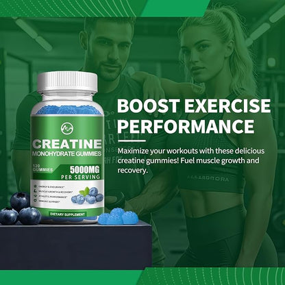 Creatine Monohydrate Gummies - 5000mg Creatine Monohydrate for Men & Women, with BCAA, L-Taurine, Alpha GPC and Omega-3, Increase Strength and Build Muscle, Blueberry Flavor, 120 Gummies