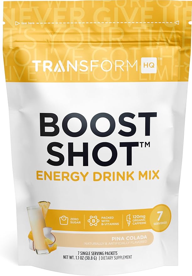 TransformHQ Boost Shot Powder Drink Stick Packets, Pina Colada, 7 Pack, Energy Supplements for Women & Men, with Caffeine, Vitamin B12, B9, B6 & B3